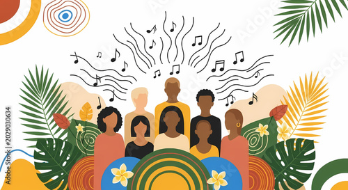 Diverse choir group with musical notes and tropical leaves