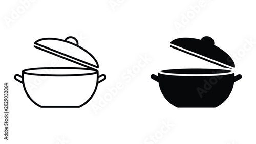 Two cooking pots with lids open side by side