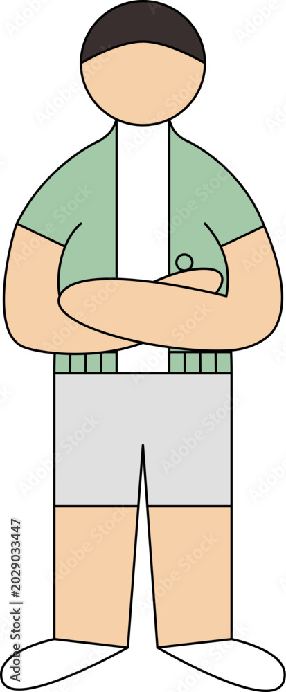 Fototapeta premium Minimalist vector illustration of a man with crossed arms wearing a green cardigan sweater and trousers, faceless character design.