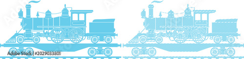 Foto Two blue steam locomotives on railway tracks, one solid, one hatched