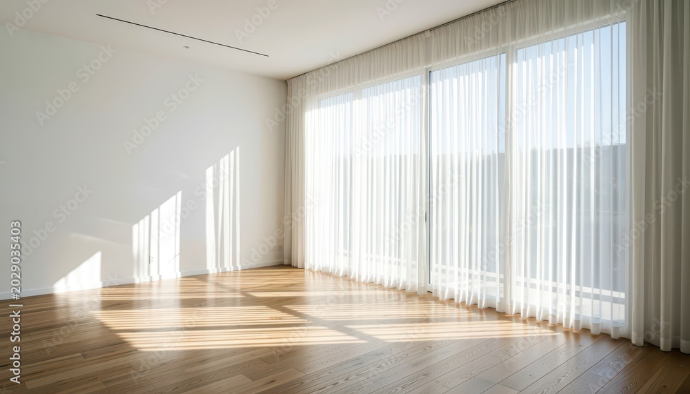 Fototapeta premium Sunlight Streaming Through Sheer Curtains in Minimalist Room