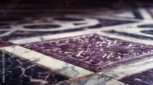 porphyry. A worn purple porphyry tile set within white marble, ancient floor detail. event programs, museum guides, designed for cultural heritage projects and event programs, preserves heritage.