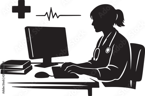 Medical Professional Silhouette Vector — Doctor at Computer with Health Symbols