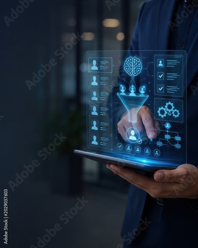 AI Automation Recruitment Process on Tablet with HR Hologram Display