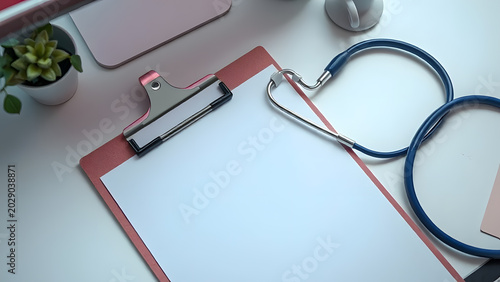 stethoscope clipboard minimal medical desk flat lay, Professional Stock Photo, High Resolution Background