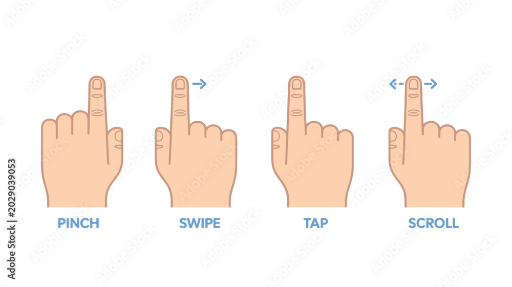 Fototapeta premium Hands demonstrating mobile gestures on white background in flat design for app development