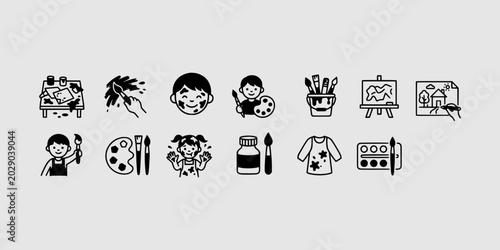 Tableau sur toile Icon set collection of kids art classes and messy creative playtime activities with watercolors, aprons, and smudged paint