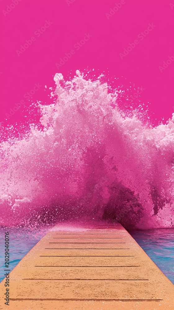 Fototapeta premium Vibrant Pink Wave Crashing on Sunlit Pier under Clear Sky