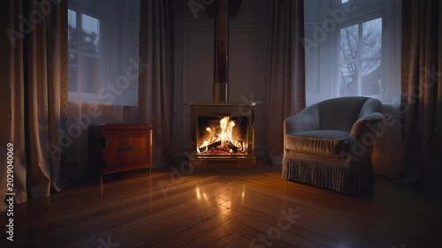 Cozy Living Room Interior with Burning Fireplace and Armchair at Dusk. Seamless looping 4k video background