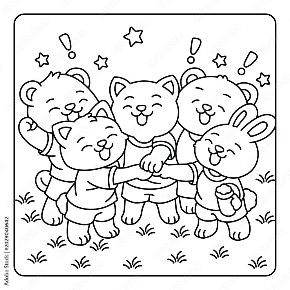 Fototapeta premium A group of cute cartoon animals holding hands and smiling together