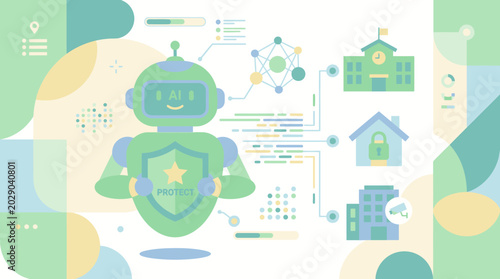 Artificial intelligence robot character with shield representing data protection and security.