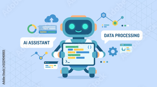 Fotografie Cute blue robot character holding a tablet with code on its screen, illustrating AI assistant and data processing concepts