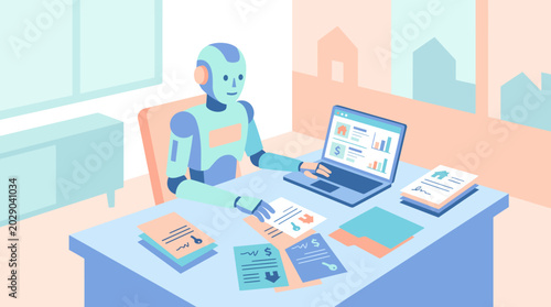 Robot accountant working on financial documents and laptop at office desk.