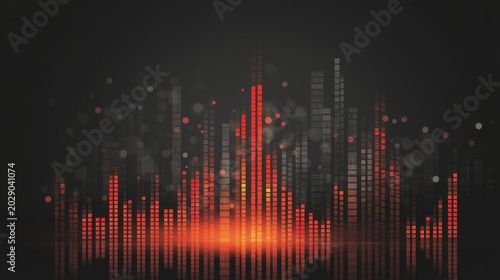 Abstract sound wave visualization with vibrant red and orange peaks against a black background showcasing digital audio spectrum analysis and graphic equalizer elements