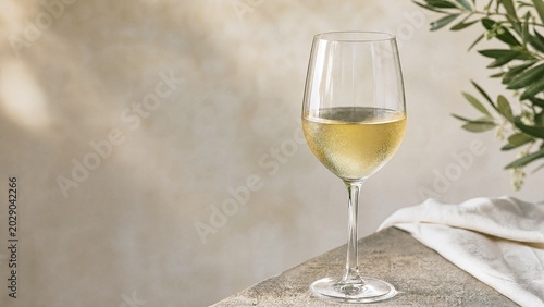 A clear glass of white wine on a stone ledge with condensation.