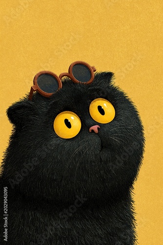 Cute cartoon illustration of fluffy black cat with big bright yellow eyes and small round sunglasses sitting on head against solid yellow background