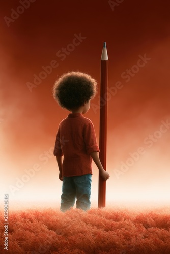 Child in Surreal Landscape Holding Giant Red Pencil Against Dramatic Sky