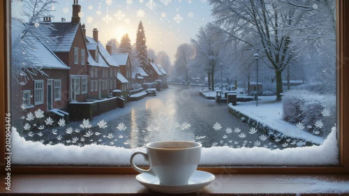 Cozy winter morning scene with hot coffee by a snowy window. Seamless looping 4k video background