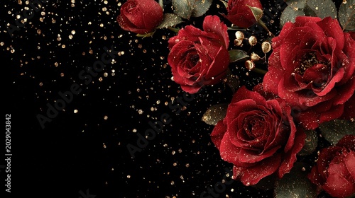  Elegant Valentine's Day background featuring red roses and gold sparkles on a deep black backdrop
