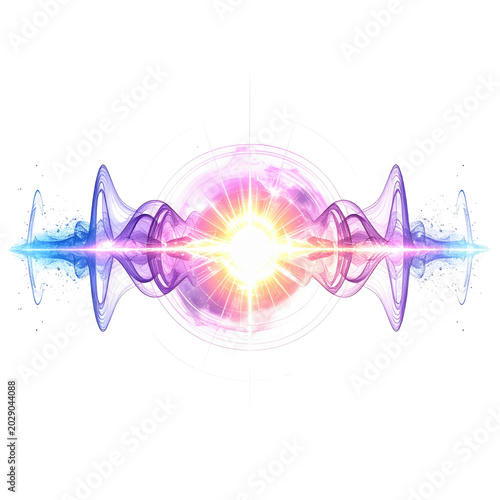 Abstract Glowing Energy Wave and Sound Frequency Visualization with Central Light Burst on White Background