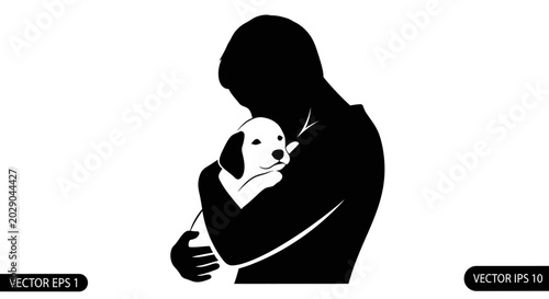 Silhouette of a Person Cuddling a Small Puppy