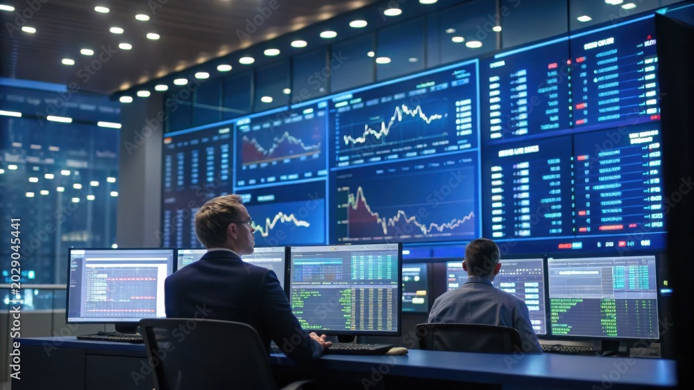 Fototapeta premium Bustling trading room with professionals analyzing financial data on multiple screens, showcasing dynamic nature of digital finance