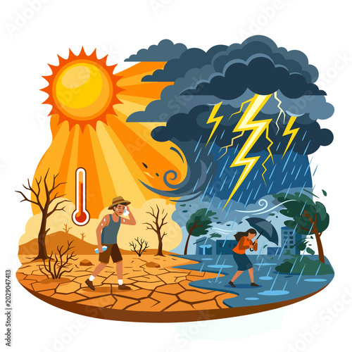Extreme weather contrast: drought and storm with people struggling