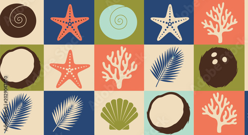 Tropical beach seamless pattern vector clipart with starfish, shells, coral and coconut