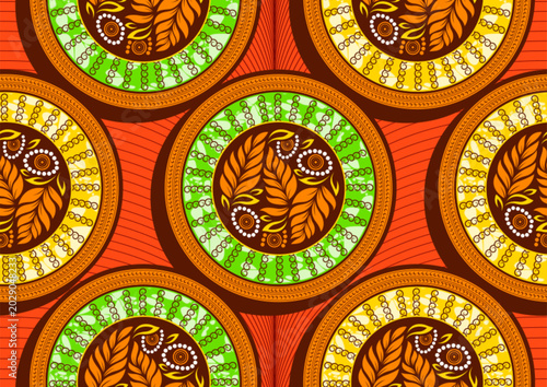 Seamless African Ankara Pattern with Abstract Circles, Leaf Shapes and Colorful Tribal Textile Design Inspired by Modern African Fashion