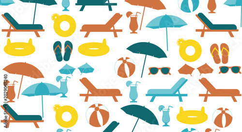Quadro su tela Summer beach vacation seamless pattern vector clipart with loungers and umbrella