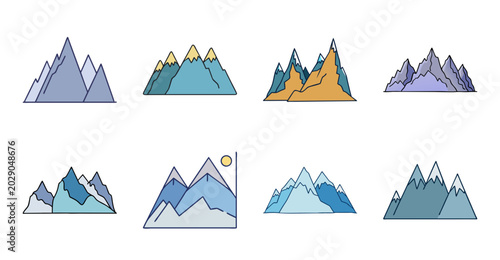 Colorful mountain icons with snow peaks - Set of cheerful mountain icons featuring snow-capped peaks in various colors, ideal for travel or nature-themed projects.