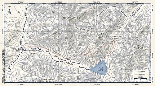 Topographic map of mount aether and eldridge ridge on transparent background