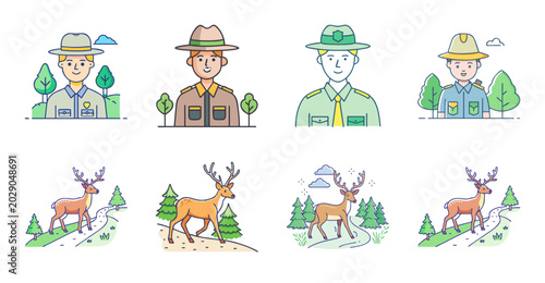 Diverse group of happy gardeners working together - Colorful vector icons of cheerful gardeners planting, watering, and tending to plants in a vibrant garden setting.