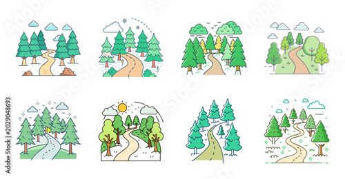 Cartoon people skiing and snowboarding in winter mountains - Colorful vector illustration of happy winter sports enthusiasts enjoying snowy mountain slopes with trees and clear skies.