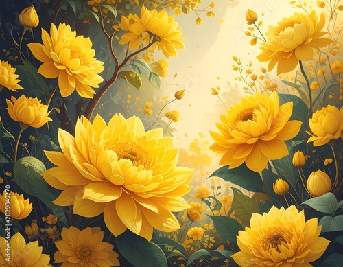 A vibrant garden scene features large, yellow blooms nestled among lush green foliage under a soft, golden light