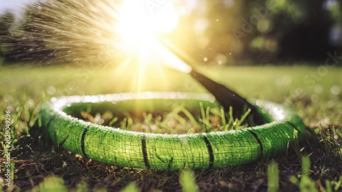 constriction. Green garden hose kinked, spraying water on sunlit grass. event key visuals, club posters, designed for sports event promotions and stadium branding and fitness apps and gym onboarding.