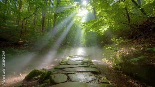 Enchanting Stone Path Through a Foggy Sunlit Forest