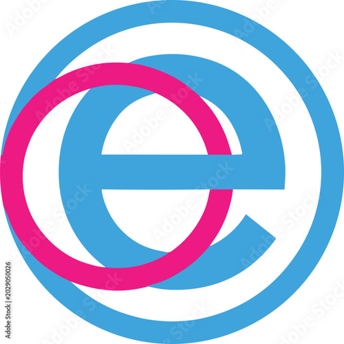 Modern abstract overlapping blue and pink circles with stylized lowercase e logo design, geometric vibrant vector illustration