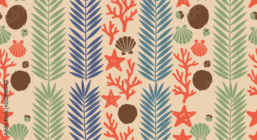 Seamless tropical sea life vector clipart pattern with coral, shells, and leaves