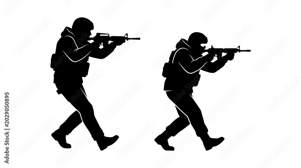 Fototapeta premium Dynamic silhouettes of armed military operatives in tactical readiness posture