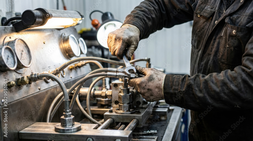 Fototapeta premium Industrial Worker Handling Hydraulic Valve in Metal Workshop