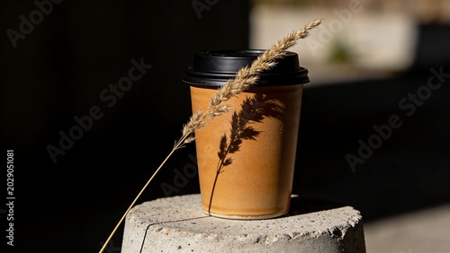 Takeaway Coffee Cup Mockup on Concrete Surface with Dried Wheat and Hard Shadow