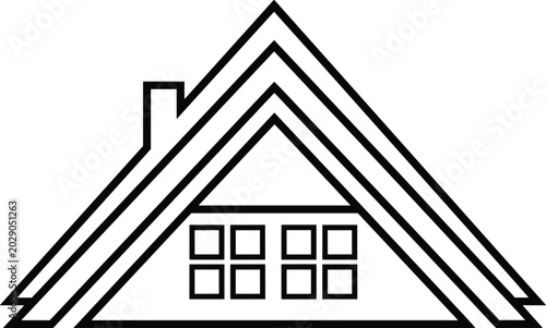 Modern minimalist house roof icon with chimney and windows, real estate symbol for construction architecture and residential building logo