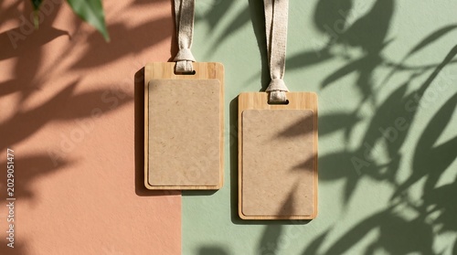 Two blank eco friendly wooden id card badges mockup with fabric lanyards hanging on dual tone terracotta and green wall background with plant shadow overlay