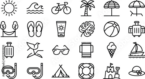 Thin line style travel and outdoor recreation icon collection with luggage umbrella flip flops ice cream and sandcastle graphic pack