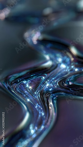 Abstract liquid chrome flowing in organic curves, iridescent oil-slick surface, glowing bioluminescent veins of light pulsating within the metal