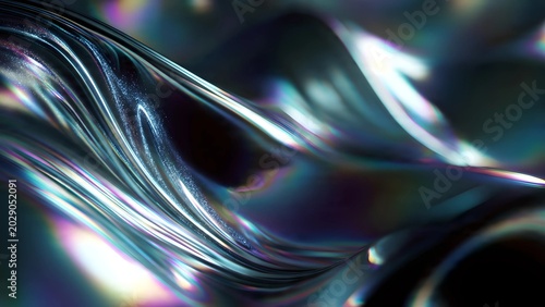 Abstract liquid chrome flowing in organic curves, iridescent oil-slick surface, glowing bioluminescent veins of light pulsating within the metal