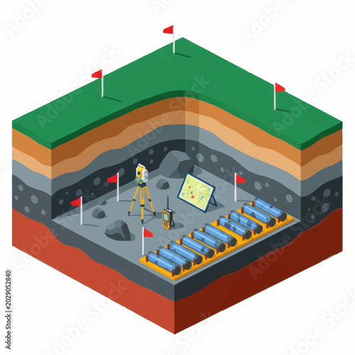 Slika na platnu Geological Survey Site with Equipment and Core Samples.