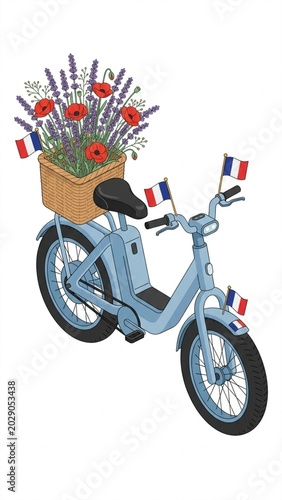Modern French Delivery Moped with Flowers Flat Vector Illustration