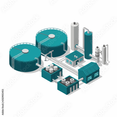 Industrial Water Treatment Plant Facility Isometric Illustration.
